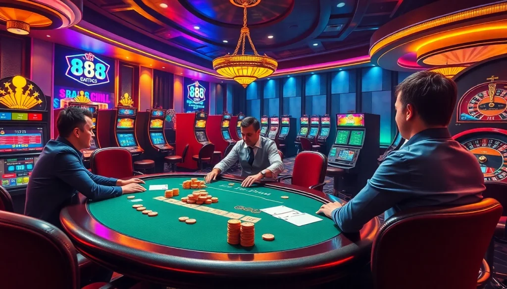 Engaging scene of online gambling with 888 new, featuring poker tables and vibrant slots.