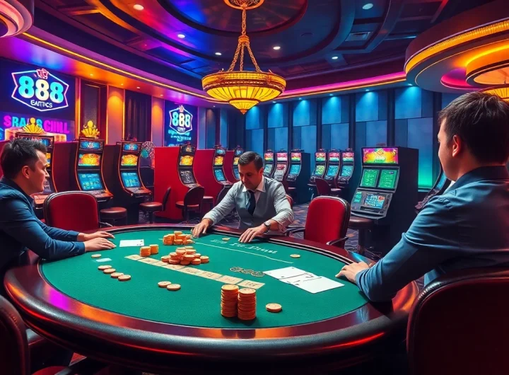 Engaging scene of online gambling with 888 new, featuring poker tables and vibrant slots.