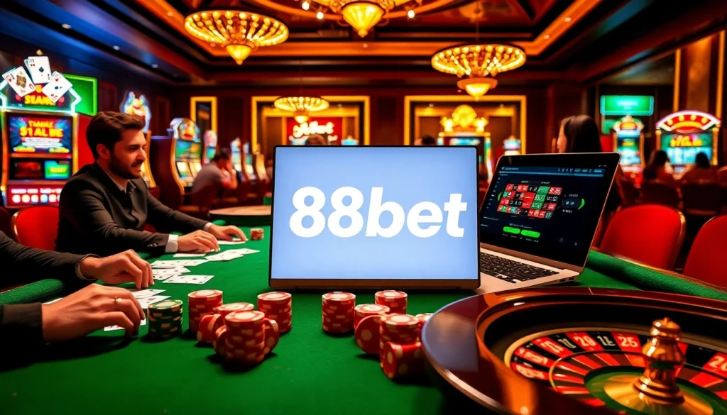 Play cards and win big at 88bet's luxurious casino scene featuring a vibrant poker table.