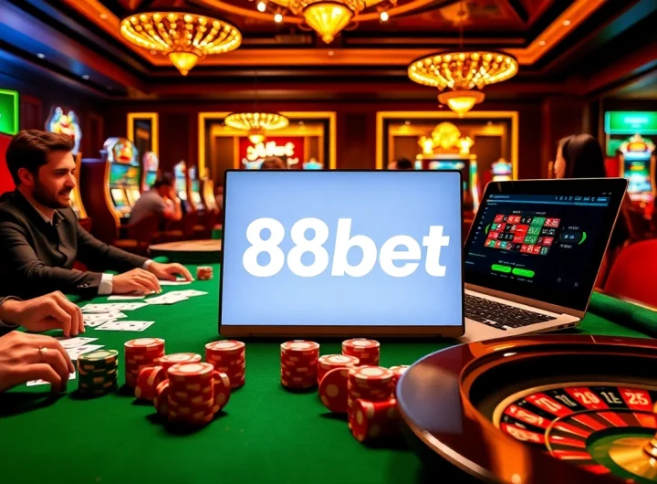 Play cards and win big at 88bet's luxurious casino scene featuring a vibrant poker table.