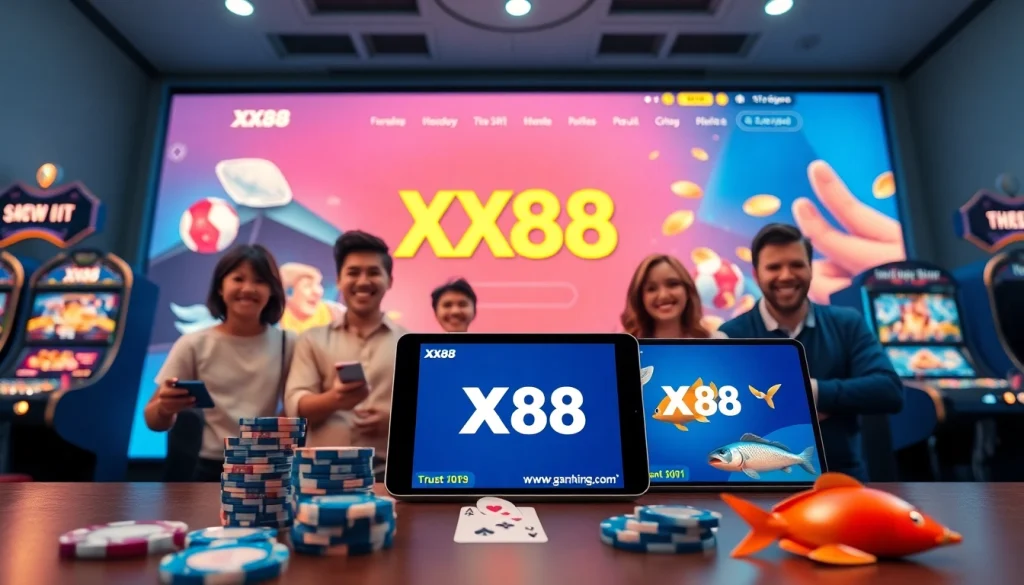 Engage with XX88 link in a vibrant online gambling scene featuring digital gaming elements and happy players.