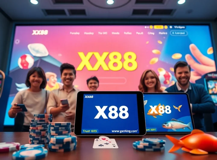 Engage with XX88 link in a vibrant online gambling scene featuring digital gaming elements and happy players.