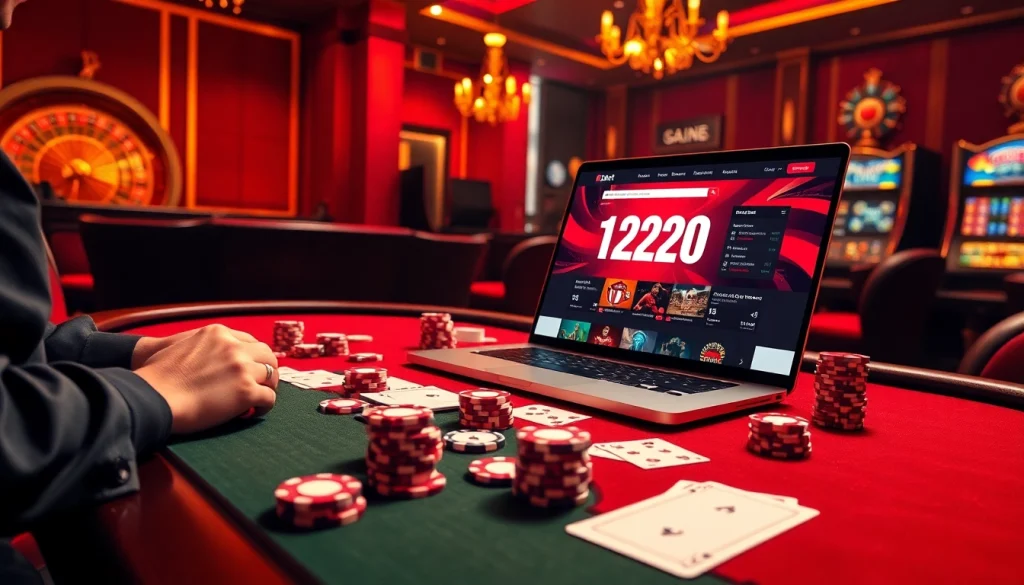 Experience the thrill of online betting with ink vao 12bet in a luxurious casino environment filled with poker chips and cards.