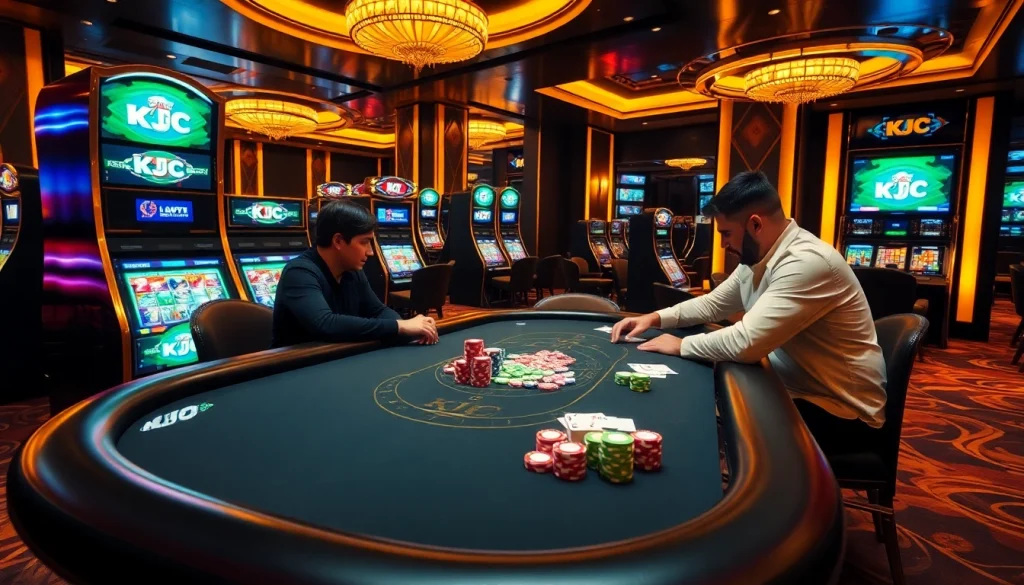 KJC poker table with vibrant chips and cards in a luxurious casino setting