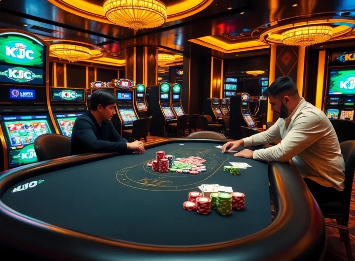KJC poker table with vibrant chips and cards in a luxurious casino setting