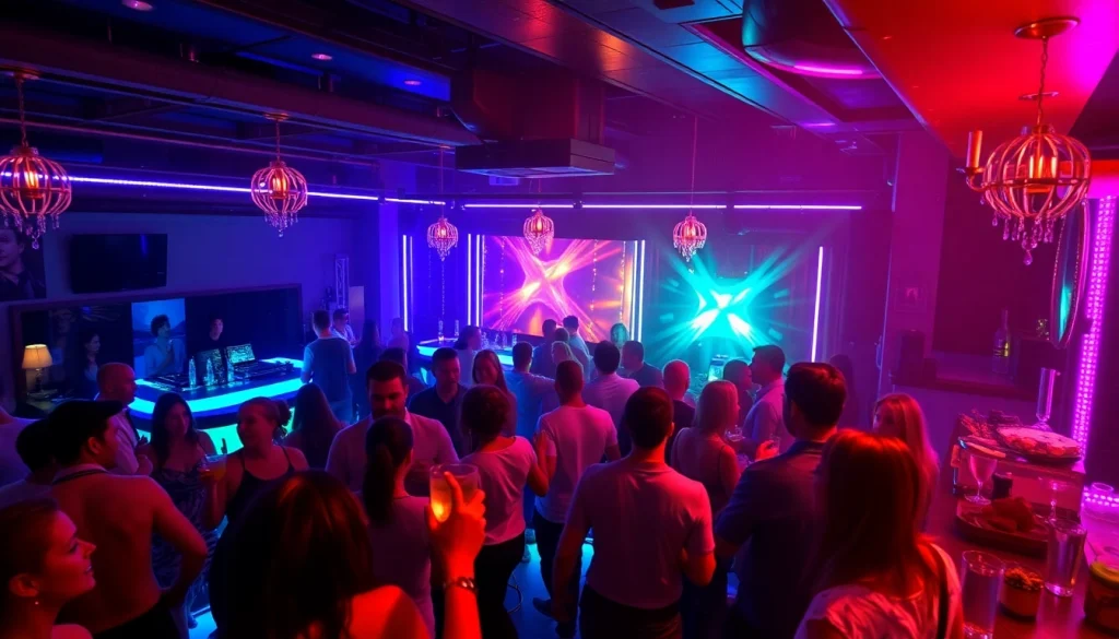 Night club sxm scene with vibrant dance floor and stylish patrons enjoying cocktails.