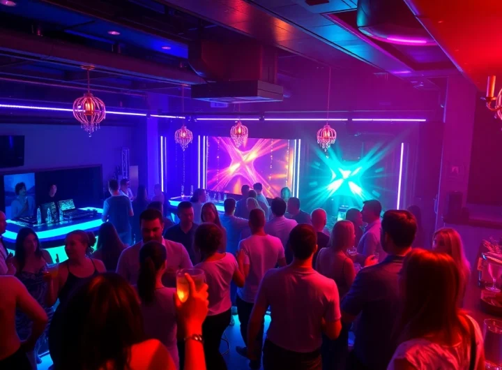 Night club sxm scene with vibrant dance floor and stylish patrons enjoying cocktails.