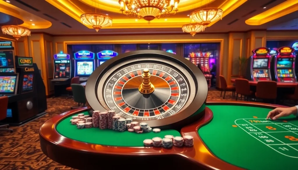 Excitement of gambling with 789bet at a luxurious casino featuring roulette wheel and poker tables.