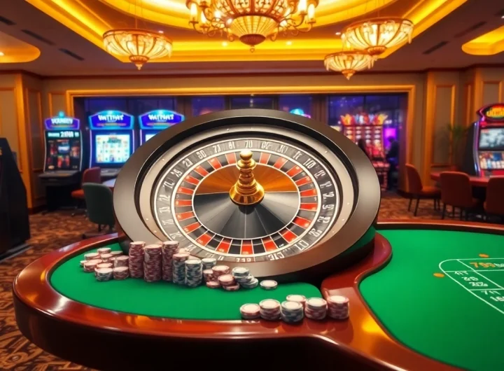Excitement of gambling with 789bet at a luxurious casino featuring roulette wheel and poker tables.