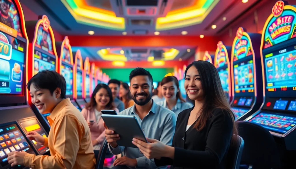 Engaging online gaming scene for hoki138 with diverse players enjoying virtual slot machines.