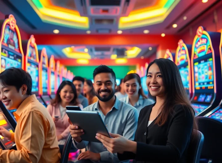 Engaging online gaming scene for hoki138 with diverse players enjoying virtual slot machines.