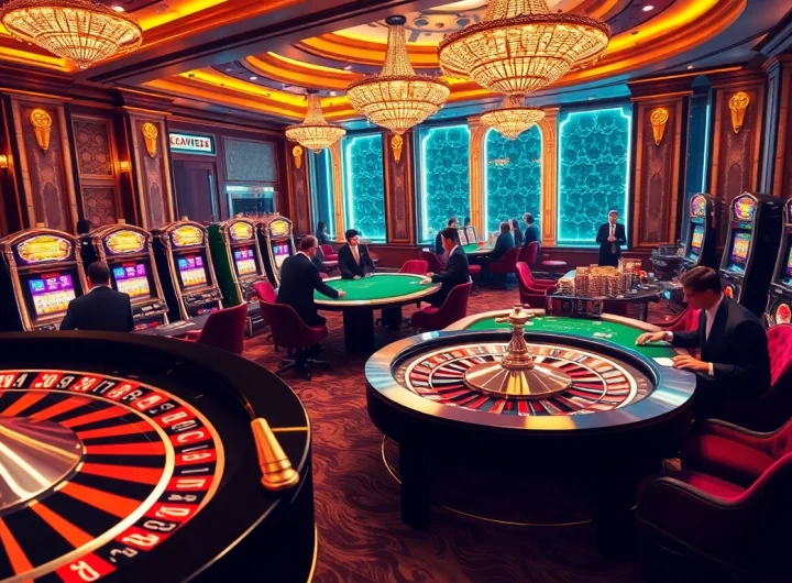 C168 casino scene featuring an elegant roulette wheel and blackjack table with players.