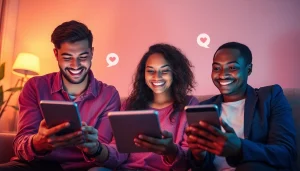 Engaging individuals in a warm virtual sex chat environment, showcasing playful interaction and connection.
