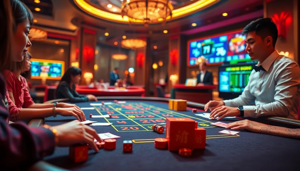 Tài Xỉu Online players placing bets at a vibrant casino table with dice and chips.