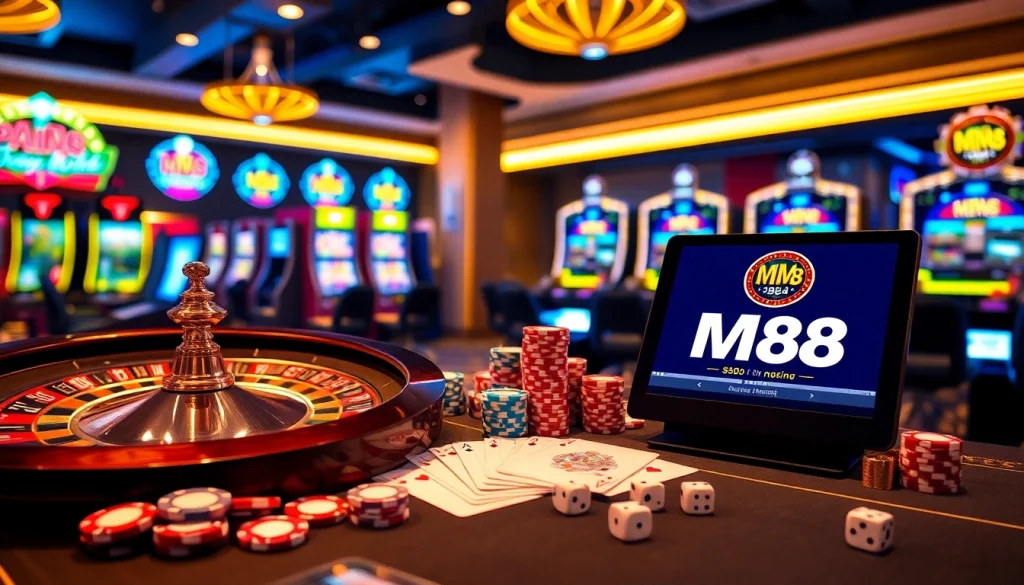 Experience the excitement of online gambling at https://mm88.observer/ with a luxurious casino atmosphere featuring roulette and poker elements.