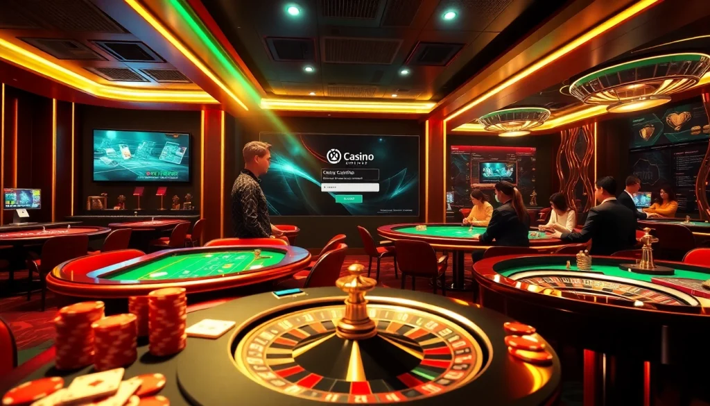 Experience 바이낸스 회원가입 in a luxurious online casino scene with engaging players at vibrant tables.