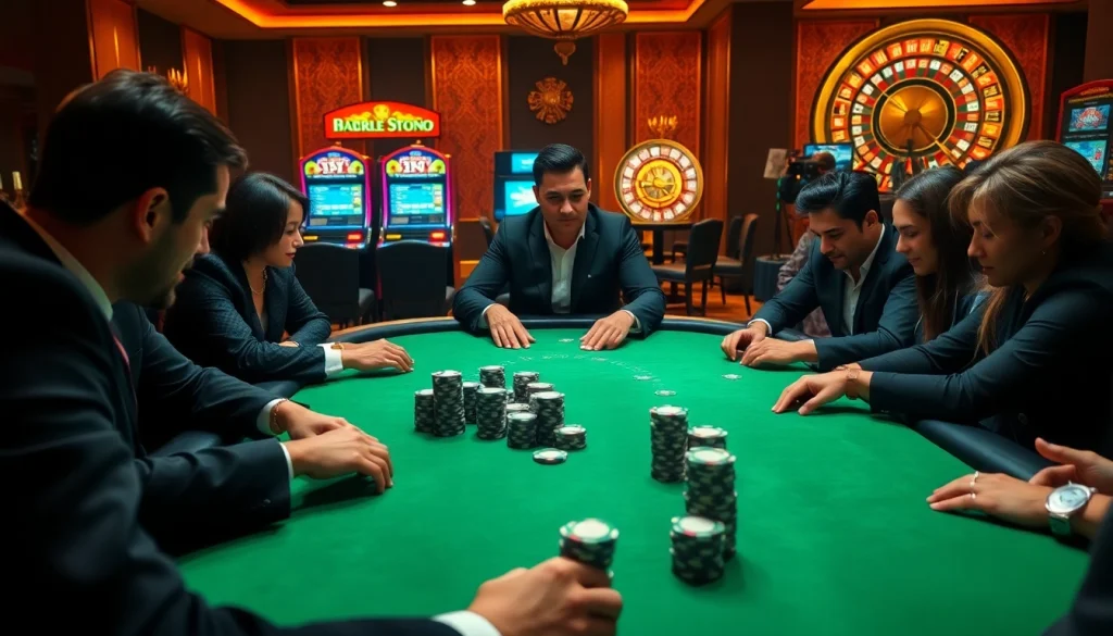 Players intensely betting at a DR88 Casino poker table, showcasing the excitement of gambling.