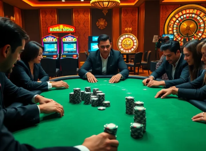 Players intensely betting at a DR88 Casino poker table, showcasing the excitement of gambling.