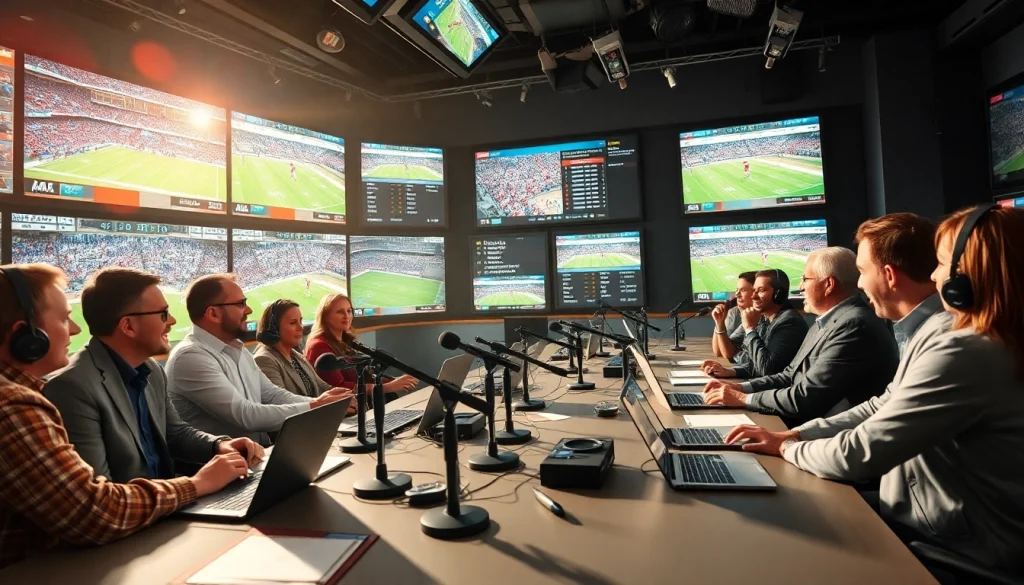 Sports Broadcasting team discussing live events in a vibrant studio setting.