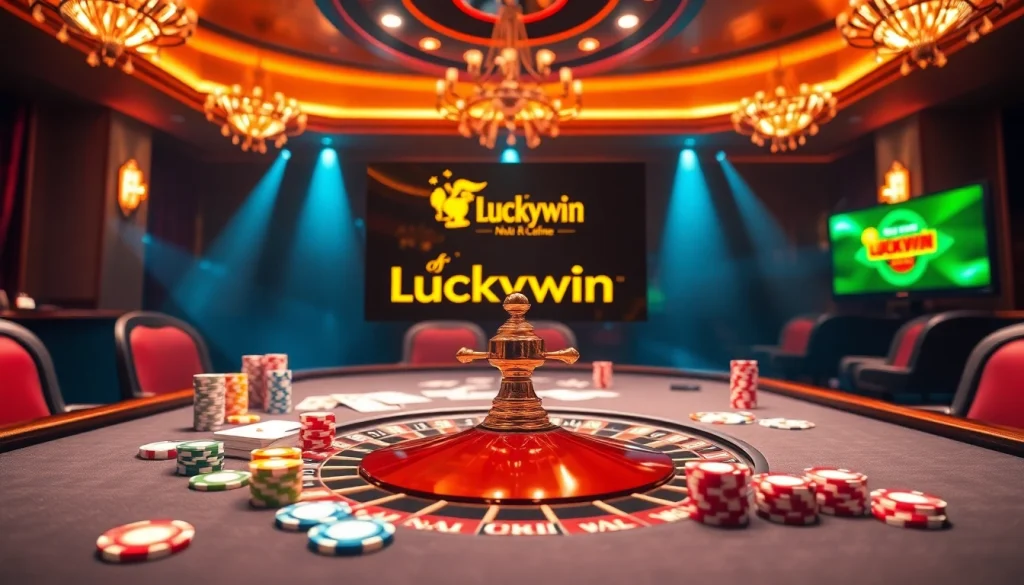 Engaging scene at Nhà Cái Luckywin's exciting gambling table with vibrant chips and cards.