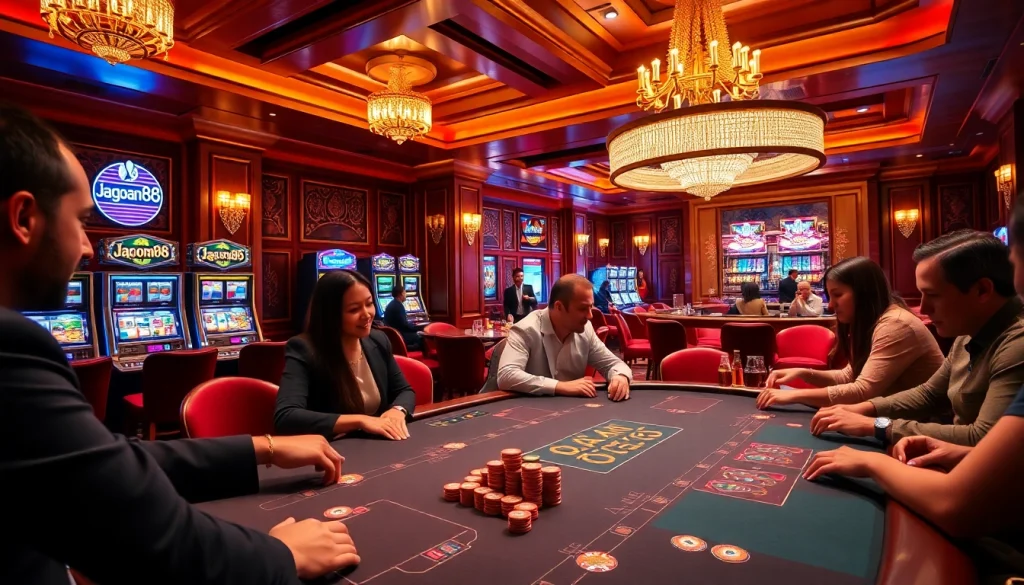 Players enjoying a thrilling poker game at a jagoan86 casino table, surrounded by luxurious decor.