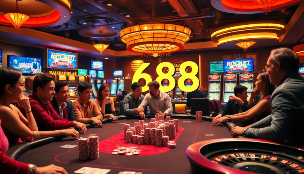 Play exciting poker at the 688v casino with vibrant chips and thrilling atmosphere.