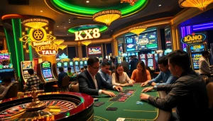 gamblers strategizing with kx8 at a luxury casino table, surrounded by colorful chips and cards