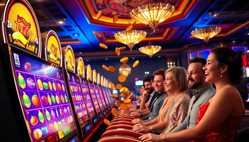 Experience the excitement of slot online at a vibrant casino with colorful machines and enthusiastic players.