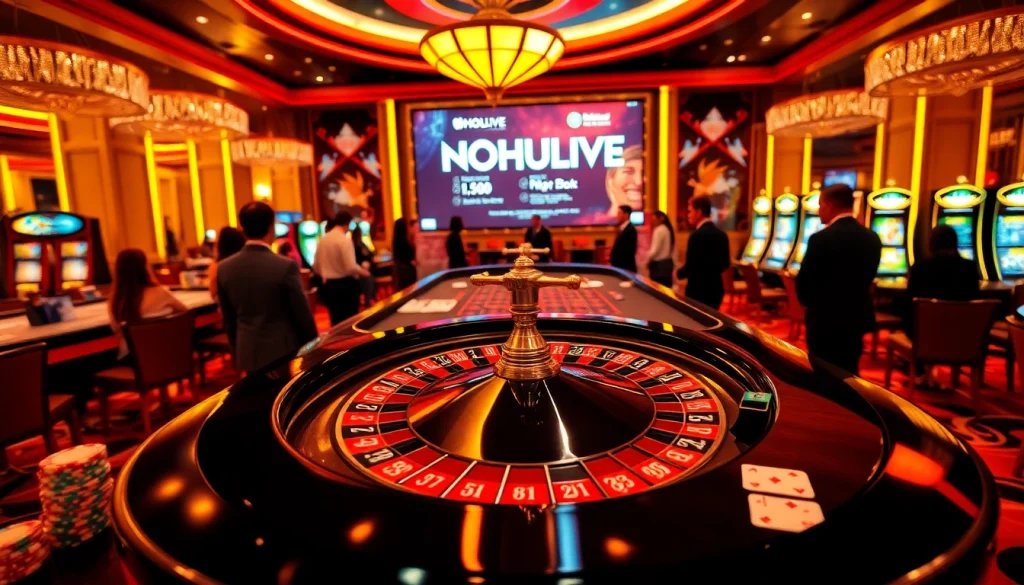 Experience the thrill of NOHULIVE with players enjoying roulette amidst a luxurious casino backdrop.