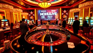 Experience the thrill of NOHULIVE with players enjoying roulette amidst a luxurious casino backdrop.