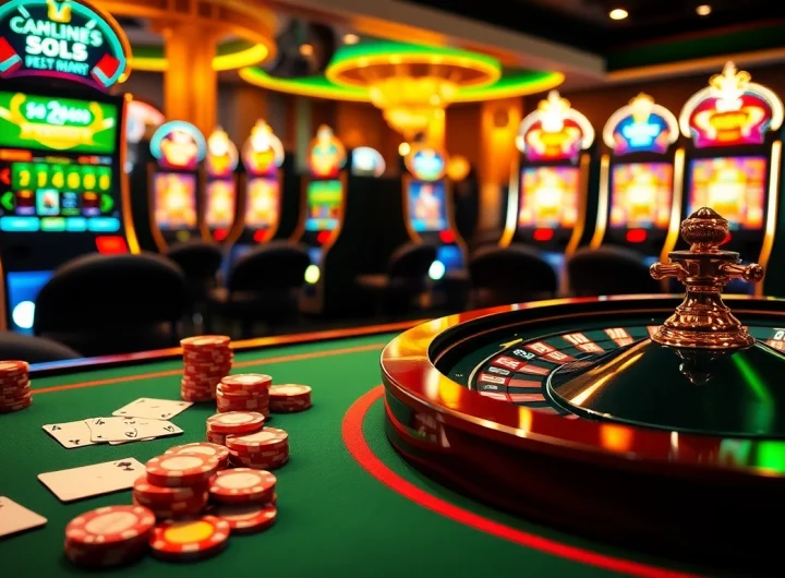 Experience luxury gambling with MK8 at a vibrant casino table featuring cards, chips, and roulette.
