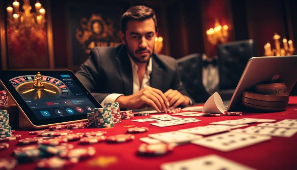 Engage with gori77 at a luxurious casino table featuring poker chips and cards.