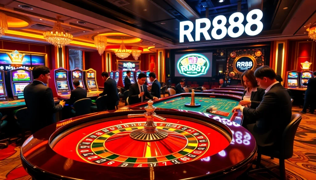 Experience the vibrant energy of RR88 online casino with players engaged in roulette and slot games.