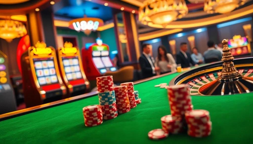 Exciting U888 online casino scene with gaming tables, vibrant chips, and slot machines.