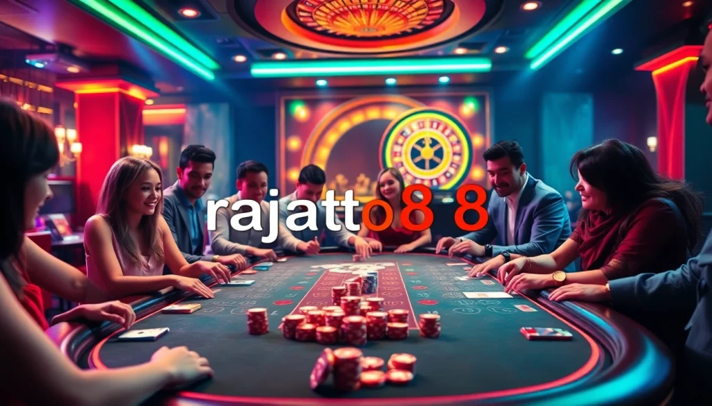 Players immerse in the excitement of poker at rajatoto88's luxurious casino table, surrounded by vibrant lights.