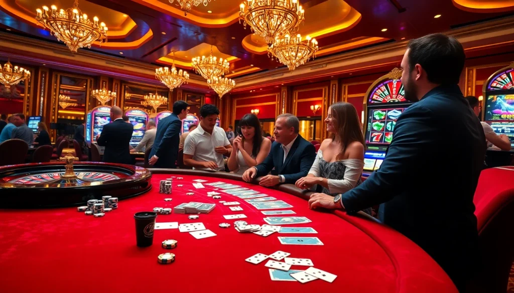 Engaging scene of luxury casino gameplay featuring viral88 poker chips, cards, and a roulette wheel.