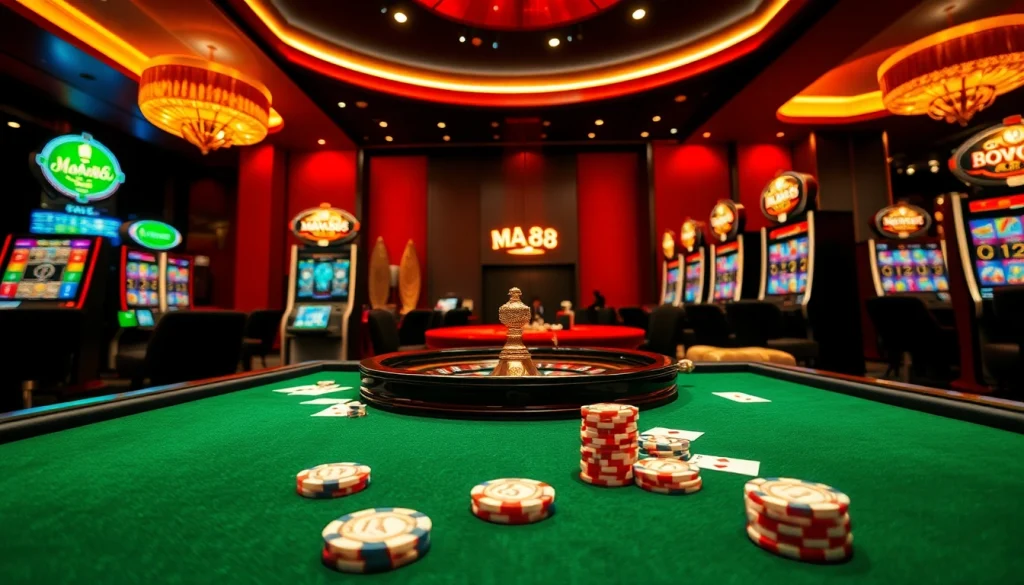 Experience the excitement of gambling at Man88 with vibrant poker tables and stunning roulette wheels.
