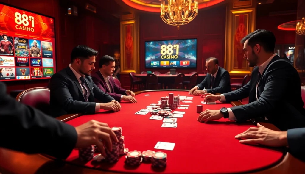 Engaging poker game at a casino table featuring 88i elements and colorful chips.