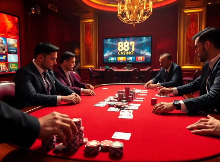 Engaging poker game at a casino table featuring 88i elements and colorful chips.