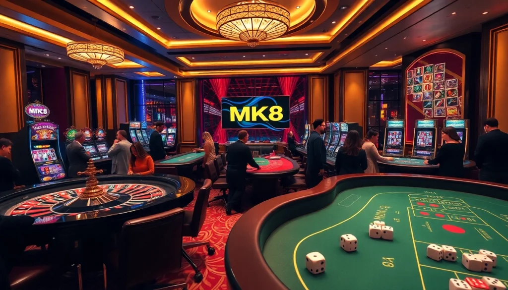MK8 casino scene showcasing players engaged in thrilling gambling activities with vibrant tables and exciting atmosphere.
