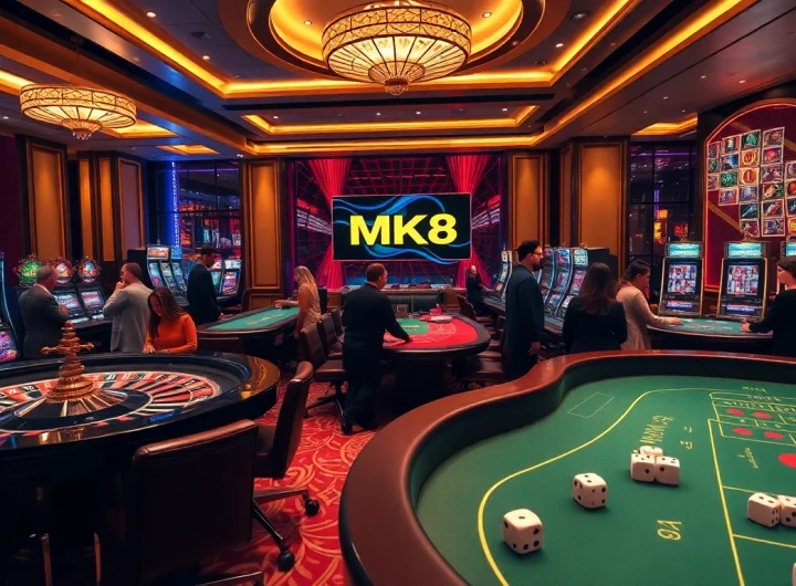 MK8 casino scene showcasing players engaged in thrilling gambling activities with vibrant tables and exciting atmosphere.