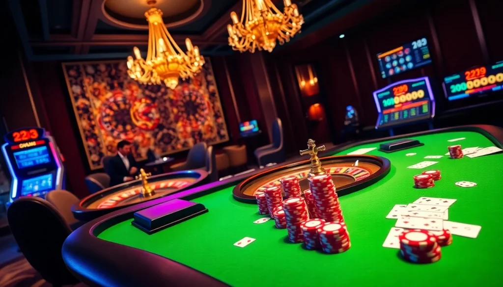 Experience excitement at the 23win casino with vibrant gaming tables and high-end poker chips.