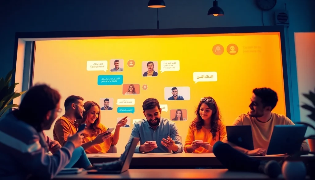 مشهد رقمي جذاب لمستخدمين في شات دردشتي يتفاعلون عبر الدردشة المرئية والنصية على منصة حديثة.