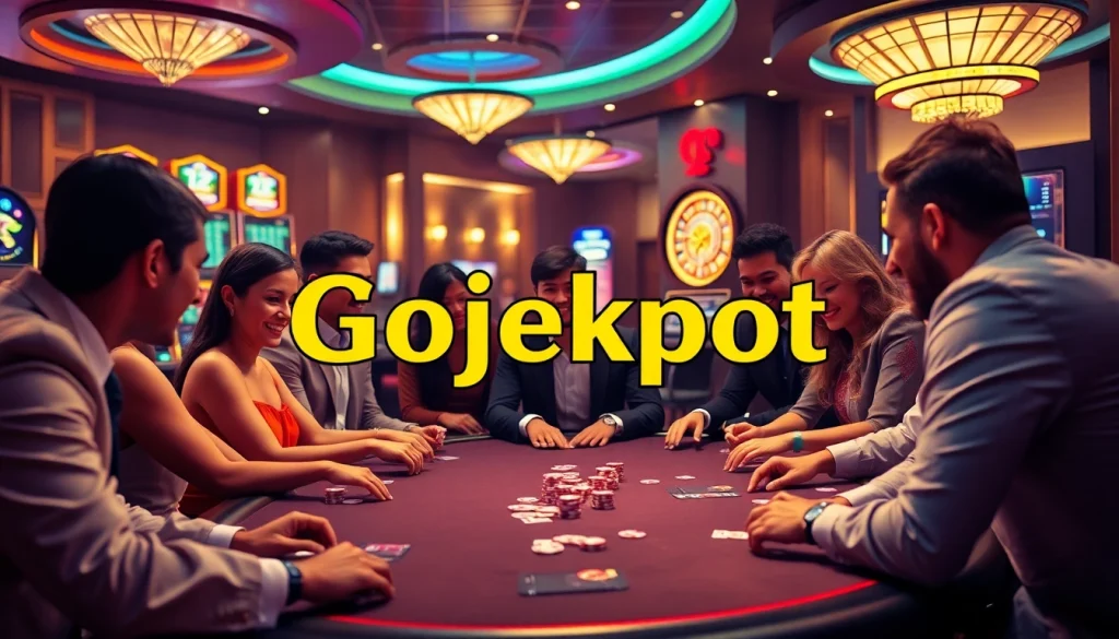 Engaged players at a luxurious casino poker table showcasing Gojekpot strategies.