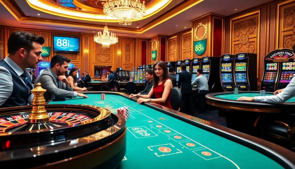Action-packed casino scene showcasing players engaging in games at 88i tables with vibrant poker chips and cards.