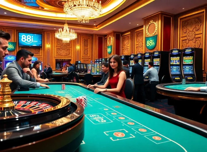Action-packed casino scene showcasing players engaging in games at 88i tables with vibrant poker chips and cards.