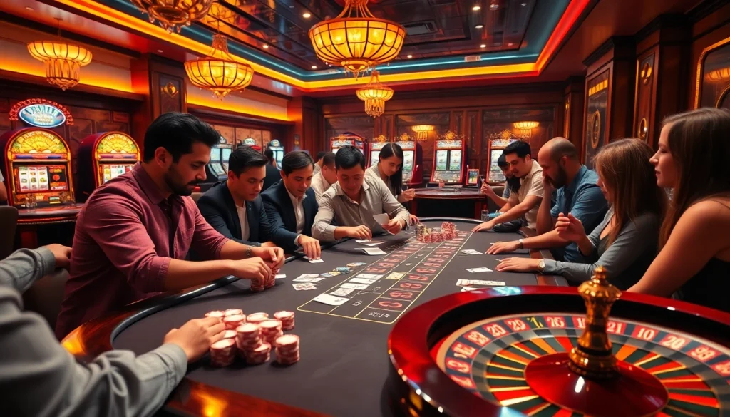 Players enjoying an exciting game at bk8th's casino table filled with vibrant poker chips and cards.