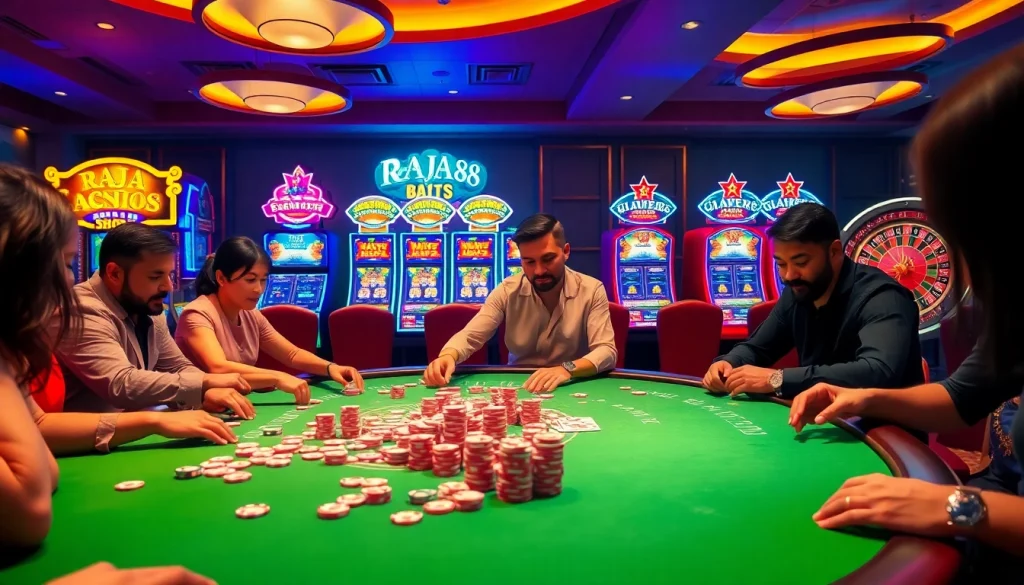 Players enjoying a thrilling game at Raja 88 casino table surrounded by colorful slot machines.