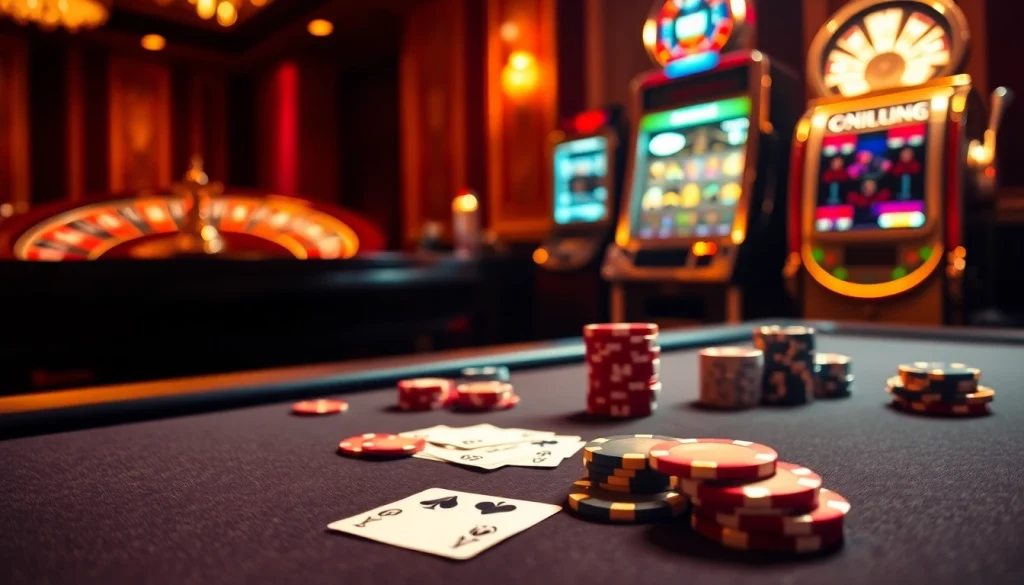 Players enjoying a high-stakes game at the luck8 casino, featuring vibrant chips and elegant cards.