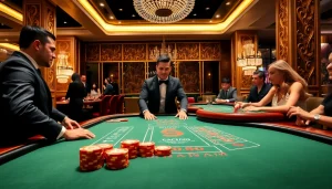 에볼루션 바카라에서 고급스러운 카지노 환경과 활기찬 플레이어들의 상호작용을 보여줍니다.